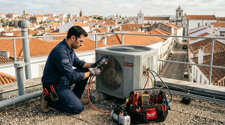Técnico da Rotiv verificando carga de gás refrigerante em ar-condicionado